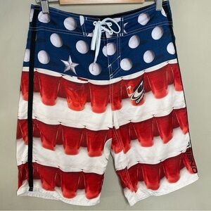 O’Neill Men’s Board Shorts American Flag Beer Pong Pool Party Size 30